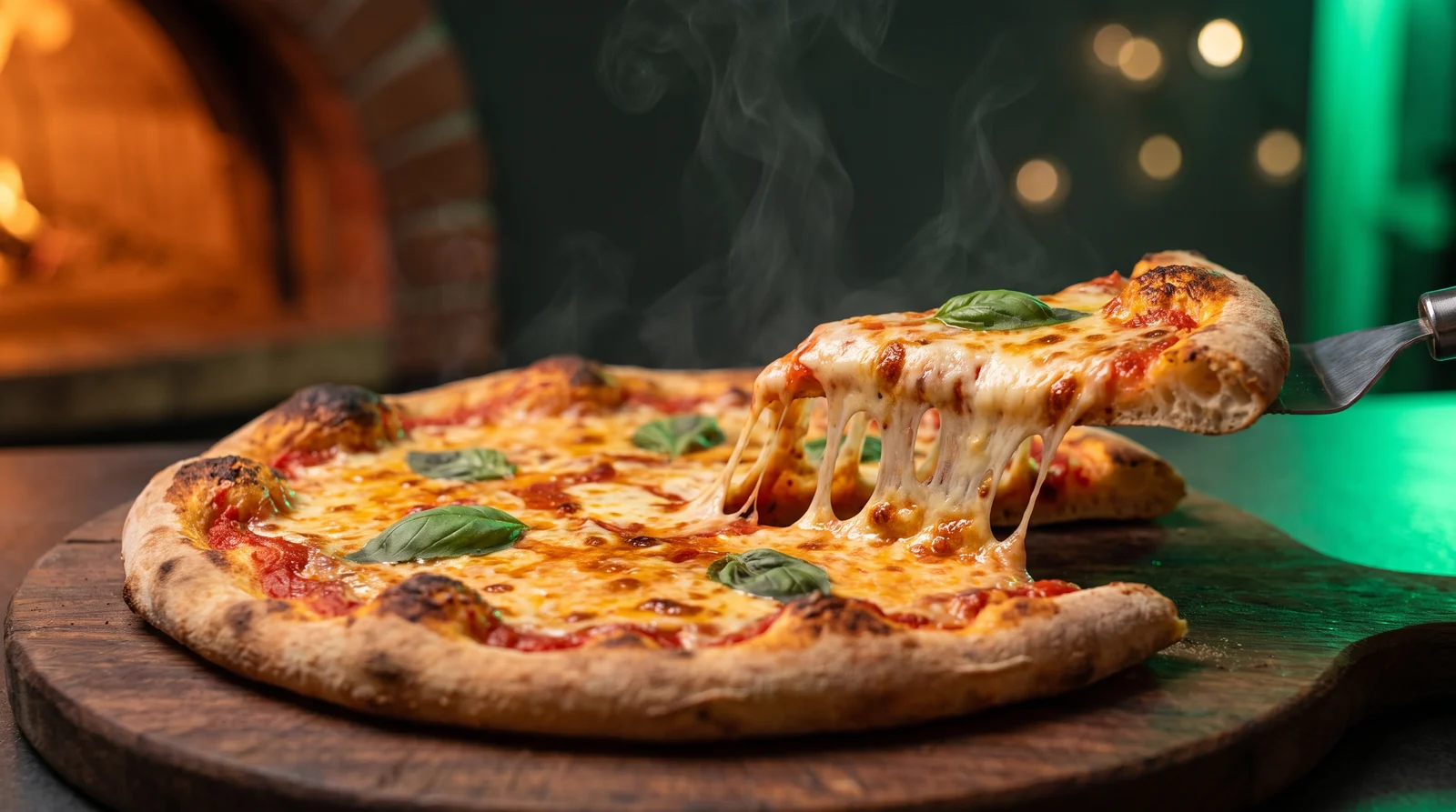 Pizza recién salida del horno con el queso estirándose